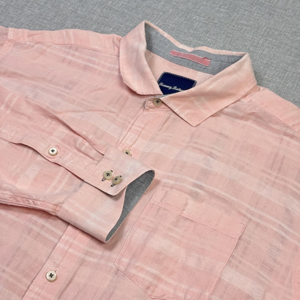Tommy Bahama Shirt Mens XL Pink Plaid Long Sleeve Button Up‎ Linen Cotton